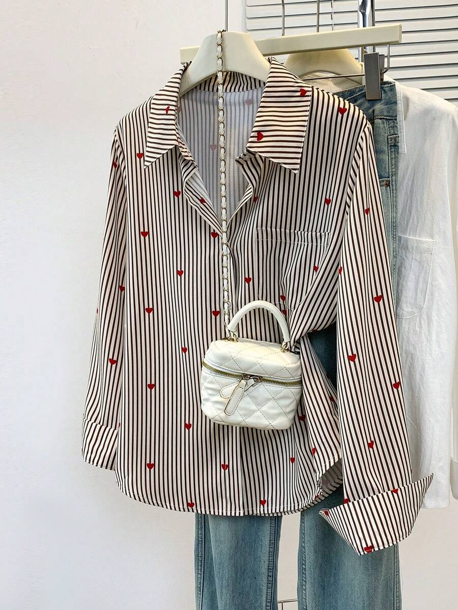 Damen Hemd mit Herz-Muster und Streifen, Knopfkragen mit Taschen, elegant für Büro, Pendeln und Freizeitbekleidung, geeignet für Herbst, Winter und Frühling - Khaki - Übersicht 1