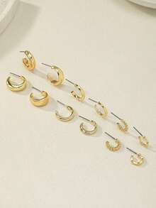 1set/6pairs Fashionable Zinc Alloy Gold Plated Textured Big C-Shaped Hoop Earrings, Suitable For Ladies' Daily Wear In Simple And Cool Style - 金子 - 查看 4