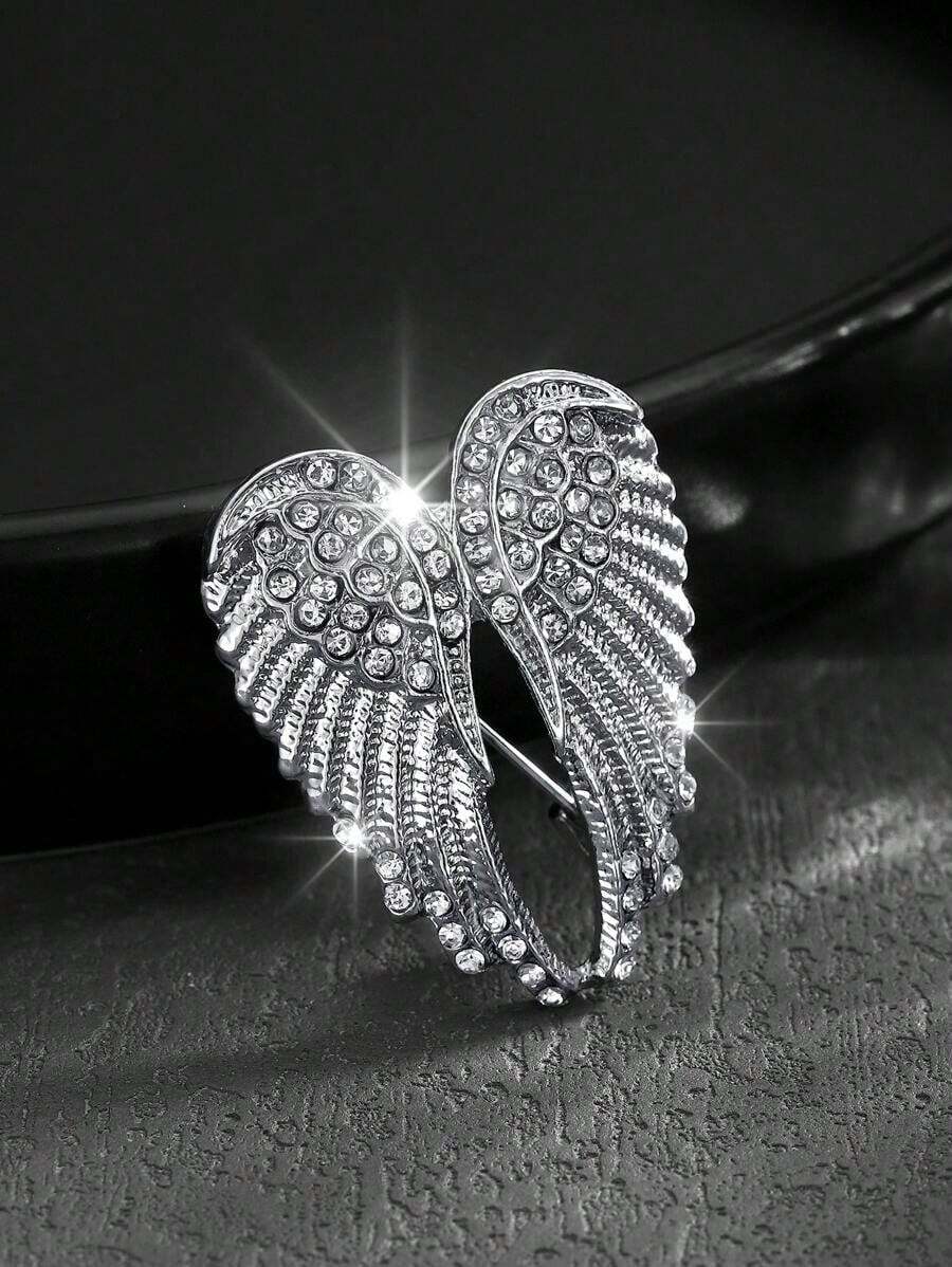 1pc Fashion European Style Angel Wings Rhinestone Decor Brooch Pin, Unisex - 銀色 - 查看 1