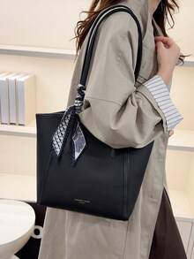 Large Capacity Minimalist Vintage-Style Handbag In Solid PU Leather With Matching Scarf, Versatile And Elegant Women's Bag, Fashionable Bag With Bow, Eye-Catching Handbag - 銀色 - 查看 2