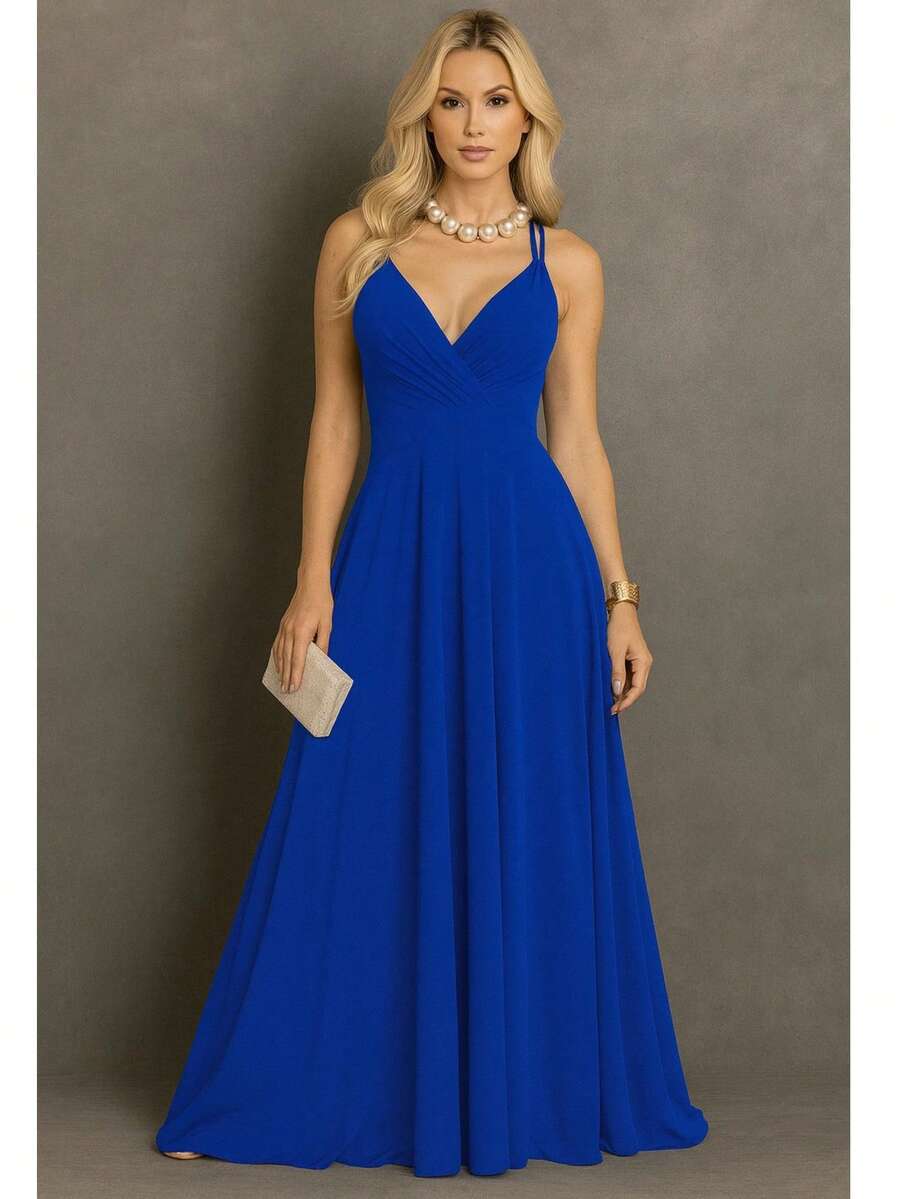 Long Dress For Bridesmaid Cheap Princess Tank Top For Women Graduation Event Guests - azul real - Ver 1