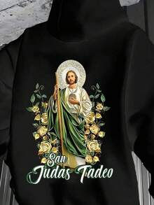 Chaqueta Con Capucha Negra De Devoacin Al Santo Judas Para Hombres - Estampado De San Ju-Das Tadeo Y Rosas Doradas, Sudadera Casual De Algodn 100%, Ajuste Regular Con Cordn Ajustable En La Capucha, Ropa Religiosa Para  Catlica, Aspecto ElegantSuitable For Campus Wear, Party Gathering, Daily Wear, A Good Choice,Fall Hoodies,Men's Fall Clothes,Street Wear,Halloween,Mens Hoodies,Y2k Clothes,Jesus Hoodie,Thanksgiving Day,Nightmare Before Christmas,Christmas - màu đen - Xem 1