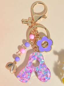 1pc Resin Galaxy Decor Acrylic Letter Keychain With Tassel & Fluffy Pom Pom, Black, Decorative Gift For Friends & Mom Car Accessories Bag Charm School Cute Goth Y2k - Rose Red Contrast - View 17