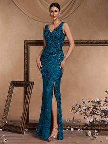 BluePlum Đầm dạ hội cao cấp, sang trọng, co giãn, đính sequin, cổ chữ V, xẻ cao, đuôi cá, thiết kế hở lưng tinh tế, phù hợp cho tiệc cocktail, đám cưới, các dịp trang trọng, đầm dành cho mẹ cô dâu (đính kết rất cầu kỳ) mùa xuân - Màu xanh ngọc - Xem 5