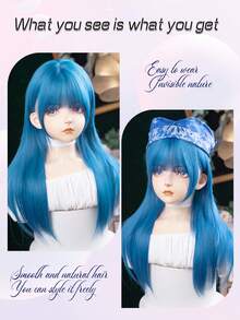 长直分层直发蓝色假发带刘海假发女士日常使用合成分层混合蓝色头发直发假发适合万圣节角色扮演派对 1 件 - 彩色 - 查看 4