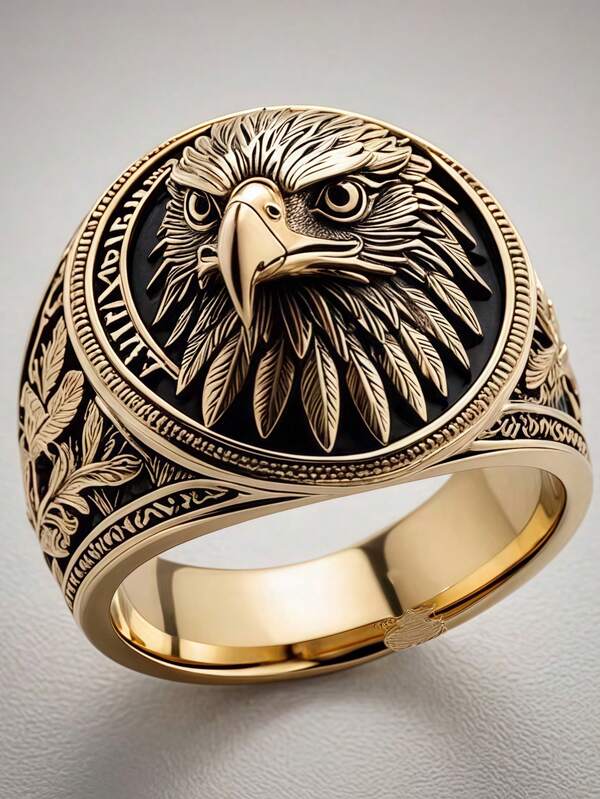 1pc Vintage 3D Eagle Head Men's Ring - Exquisite Copper Feather & Floral Pattern, Fashionable & Personalized Statement Ring, Durable Year-Round Design