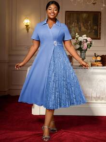 Blaues A-Linien-Kleid mit Umlegekragen, Spitzeneinsätzen, kurzen Ärmeln, für Büro, Business, Party und Mode für Frauen mit Kurven - Babyblau - Übersicht 5