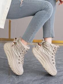 女士 2025 新款休闲时尚简约百搭保暖鞋，高品质厚底高帮运动鞋 - 卡其色 - 查看 3