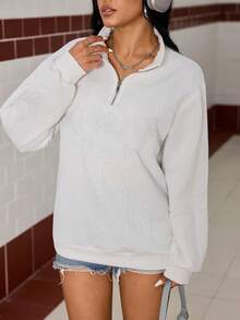 Women's Stand Collar Zip-Up Sweatshirt, Long Sleeve, Suitable For Sports Wear, Autumn/Winter - White - View 4