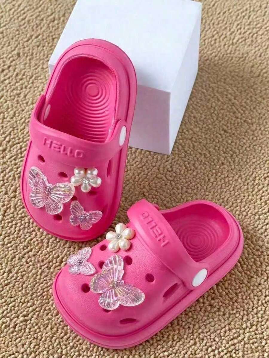 HAHABOBO 1 Pair Fashion New Girls Summer Slippers, EVA Material, Decorated With 3D Pearls And Butterflies, Lightweight And Soft, Closed Toe Design, Suitable For Indoor And Outdoor Wear, Ideal For School, Swimming Pool, Party, Beach, Christmas, Travel And Other Occasions - Red - View 1