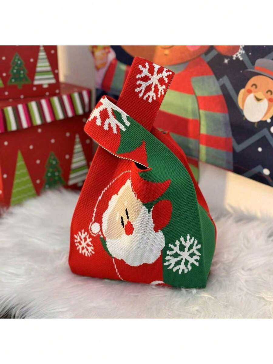 Pungi de Crăciun, Design la scară mică, Geantă mică tricotată cu model floral pentru purtat pe braț, Geantă de mână