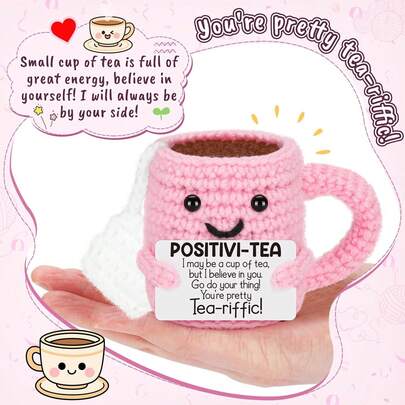 1pc Handmade Wool Crocheted Positive Energy Tea Cup Decor, Uplifting Mood Plush Doll, Home Desktop Decoration