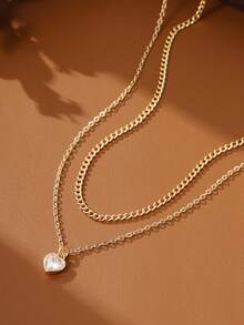 Tkool 2 件套时尚多层心形方晶锆石吊坠项链，情人节送给女朋友的完美礼物 - 金黃色 - 查看 4