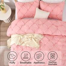 Pink King Size Comforter Set - 3 Pieces Boho Pintuck Lightweight Soft & Warm Bedding Set With 2 Pillowcases For All Season,  Design - 粉色 - 查看 4