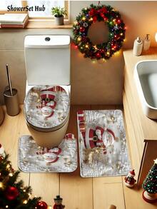 1/3/4pcs Merry Christmas Winter Decorations Shower Curtain Set Santa Tree Ball Faux 3D Cute Red Golden White Shower Curtain Bathroom Set, Minimalist Cartoon Waterproof And Wear-Resistant Accessories,With 12 Hooks - Includes Toilet Seat Cover, Bath Mats, And Rugs - Non-Slip Polyester Fabric - Washable - Perfect For Holiday Decor,Home/Bedroom/House/Western Decor