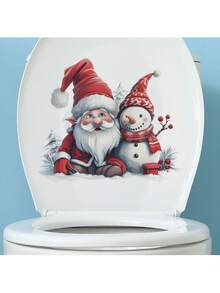 Christmas Bathroom Decoration Sticker, 1pc Self-Adhesive Removable PVC Wall Decal, Contemporary Style Santa And Snowman Toilet Tattoo, Holiday Party Atmosphere Decor, Christmas And New Year Non-Electric Accessory Without Feathers