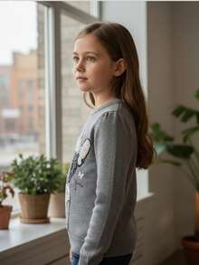 Suéter gris de niña, manga larga, tejido suave y cómodo, con diseño de perrito francés decorado. Ideal para otoño e invierno, perfecto para diario o regalo especial, moderno, fácil de combinar y lavar. ¡Un must para niñas amantes de mascotas! - Gris - Ver 2