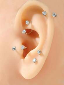 3件套闪亮立方氧化锆马蹄形和球形耳钉，女士/女孩优雅闪亮C形耳环，透明立方氧化锆镶嵌鼻环/唇环，珠宝礼品，6/8/10毫米 - Silver-1# - 查看 3