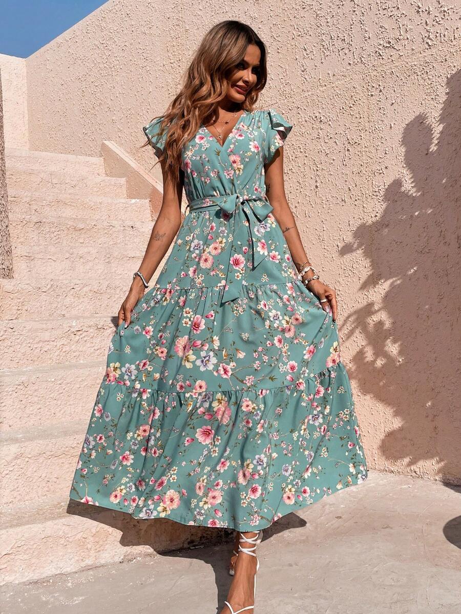 Vestido de mujer Largo Casual con estampado floral, Cintura con Cordón, Mangas Mariposa - Verde - Ver 1