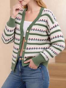 Women Knit Cardigan Long Sleeve Button Closure Flower Fall Casual Jacket Sweater - Green - View 1