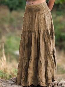 Women's Comfortable Elastic Waist Crinkle Linen Solid Color Layered Lightweight A-Line Skirt, Spring/Autumn - Khaki - View 3