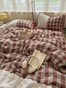 Set de lenjerie de pat pentru dormitor, 3/4 bucăți, moale și confortabil, cu dantelă, model în carouri, de înaltă calitate, include 1 husă de pilotă, 1 cearșaf, 1/2 fețe de pernă, fără umplutură, potrivit pentru dormitor, cămin, uz casnic, disponibile în mai multe dimensiuni