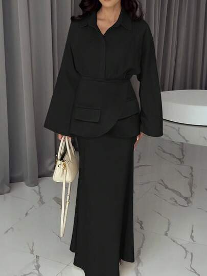 ANCHOSE Conjunto de 3 peças ANCHOSE para mulheres, elegante, para deslocamento diário: camisa de cor sólida com manga sino aberta na frente, bolsos falsos, cinto na cintura e saia justa estilo rabo de peixe, outono/inverno