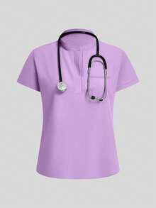 Women's Solid Color Short Sleeve Top And Pants Scrub Set, For Laboratory, Hospital, Pet Care Fall - Purple - View 4