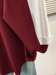 女士基本款纯色衬衫，缺口翻领长袖衬衫，正面带纽扣，百搭办公室和家居上衣，适合秋冬春季 - 酒紅色 - 查看 11