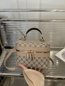 2025 Fashionable Casual Large Capacity New Style Textured Printed Box Chain Handbag, Shoulder & Crossbody Bag - Khaki - View 1