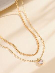 Tkool 2 件套时尚多层心形方晶锆石吊坠项链，情人节送给女朋友的完美礼物 - 金黃色 - 查看 2