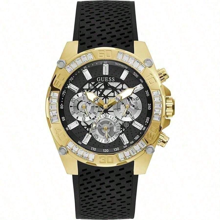 Guess Luxuriöse Herren Mode Drei-Augen Multifunktions Diamant-besetzte Skelett Zifferblatt Silikon Armband Quarz Uhr GW0333G2