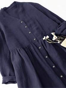Vestido casual holgado de talla grande con cuello en V y abertura frontal, elegante para otoño/primavera - Azul Marino - Ver 3
