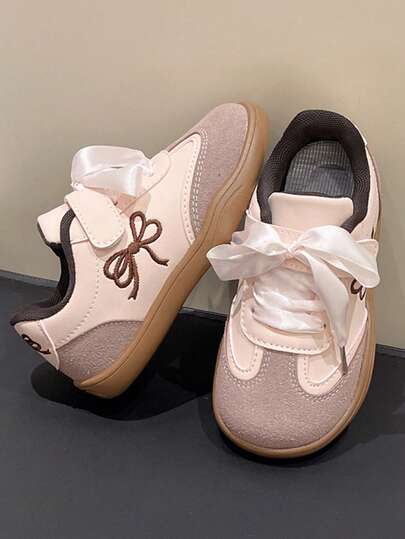 Girls' Soft-Sole Casual Canvas Sneakers, Versatile Children Leisure Sports Shoes With Bow, Suitable For School