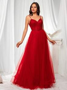 VIPGIRL Women's High-End Luxury Embroidered Slit Strap Formal Dress, Elegant Party Gown - Red - View 5