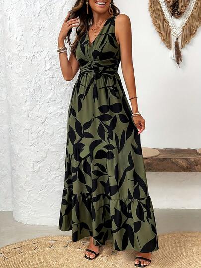 Vestido de Fiesta Largo Estampado, Sin Mangas, Escote V Elegante