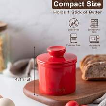 Butter Crock With Water Line For Countertop, French Dish With Lid, Ceramic Keeper For Fresh Spreadable Butter, Container Holder For Kitchen And Home Decor, White - 紅色 - 查看 5
