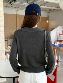 韩版初秋新款V领二合一长袖针织毛衣百搭优雅显瘦上衣 - 深灰色 - 查看 5