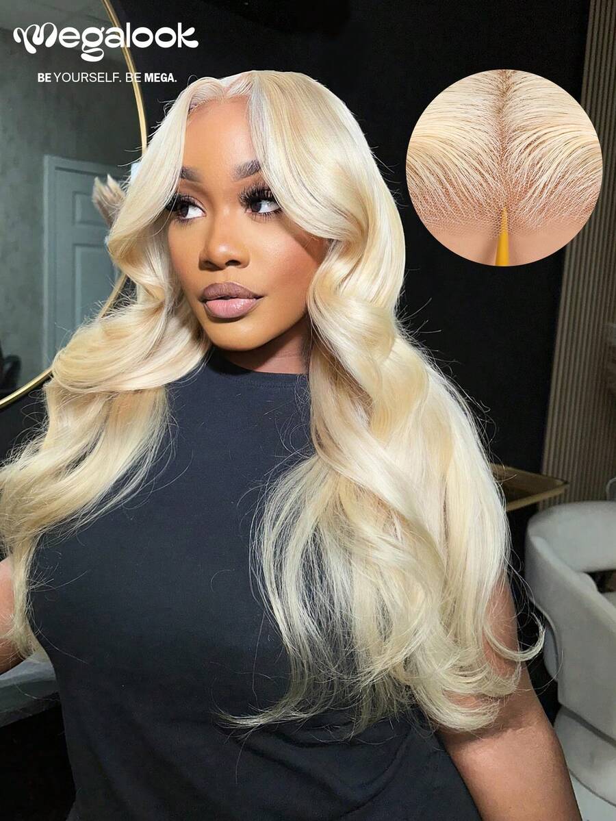 MEGALOOK 6英寸x5英寸蕾丝波浪卷假发，100%真人发丝 - 无需胶水，预剪蕾丝，预拔毛，自然发际线，透明蕾丝，180%密度，金色，16-30英寸 - 无需胶水，新手友好，耐用，轻盈舒适，可全天佩戴，掉发极少，适合日常使用 - S613 - 查看 1