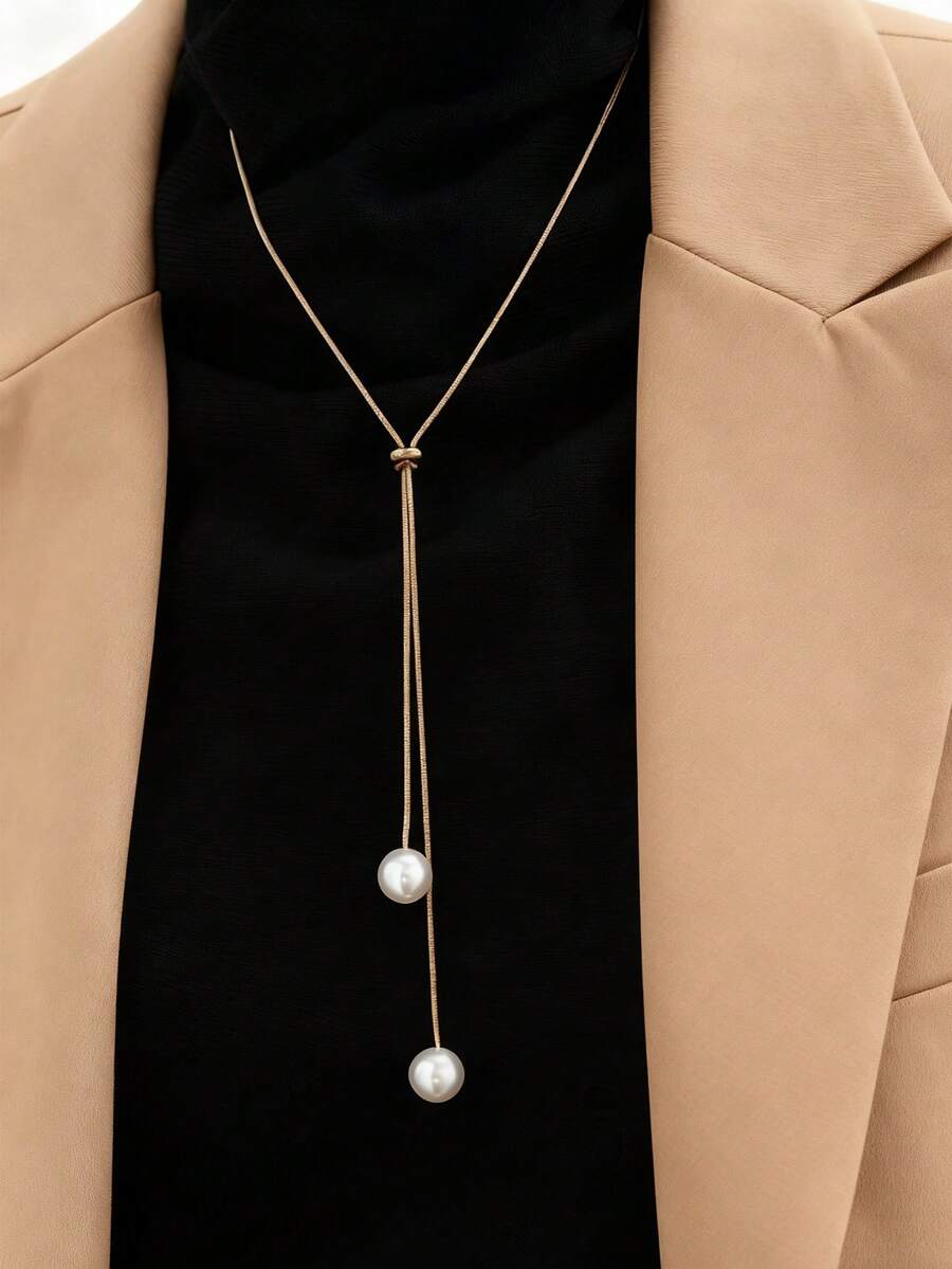 1pc Elegant Minimalist Style Adjustable Faux Pearl Necklace, Versatile Sweater Chain For Women, Daily & Date Wear - Multicolor - View 1