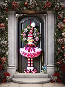 1 Stück festlicher rosa Weihnachtself Türbanner, charmanter Stil Polyester rechteckige Türdekoration mit Schneeflocken-Kranz & gestreifter Mütze Details, vielseitig verwendbares Outdoor Feiertags-Banner für Haus, Veranda, Rasen, Gartendekoration, ideal für Weihnachtsfeiern, Neujahrsereignisse & winterliche Saison-Displays (90x180cm)