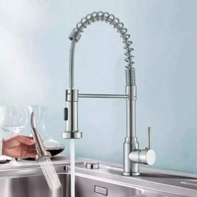 Monobloc Silver Kitchen Sink Mixer Taps With Pull Out Hose Spray Single LeverTap