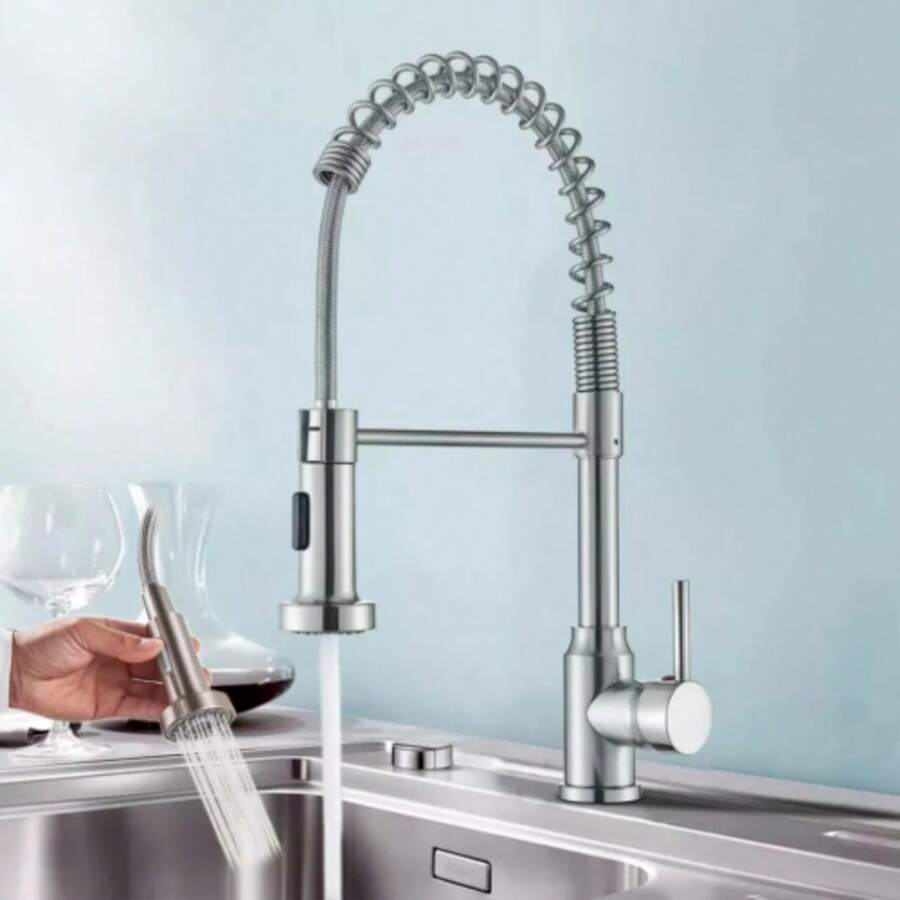 Monobloc Silver Kitchen Sink Mixer Taps With Pull Out Hose Spray Single LeverTap - Silver - View 1