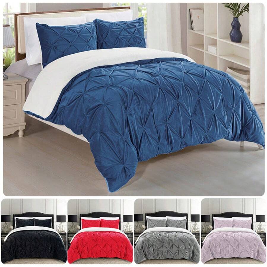 Elegant Comfort Ultra Soft 3pcs Pinch Pleated Pintuck Microsuede Fleece Reversible Sherpa Comforter Set With Shams, Cozy Warm Breathable, Easy Care Quilt Comforter Sets, Full/Queen, King/California King Size Bed For All Seasons, Christmas Decorations Gifts, Cozy Winter Styles, Holiday Décor - 海軍 - 查看 1