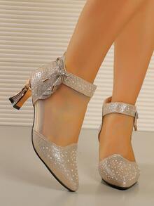 女士水钻装饰高跟鞋，透气网眼短靴，时尚春秋短靴，高跟靴，派对婚礼尖头高跟鞋