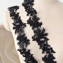 1 Yard White Beaded Embroidered Lace Applique, 6cm Wide Decorative Trim For Dresses, Bridal Gowns - Black - View 2