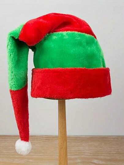 1pc Holiday Christmas Hat With Extended Red & Green Striped - Plush HolidayHat, Suitable For Parties, Hand Wash Only, Santa Claus, Clown Hat, Christmas, Christmas Party Supplies, Christmas Decorations, Christmas Costumes