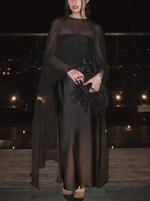 Chiffon Cape For Women Sheer Mesh Shawl Wraps Asymmetrical Flowy Capelets For Evening Dress Crop Cover Up Poncho With High Waisted Pants - màu đen - Xem 3