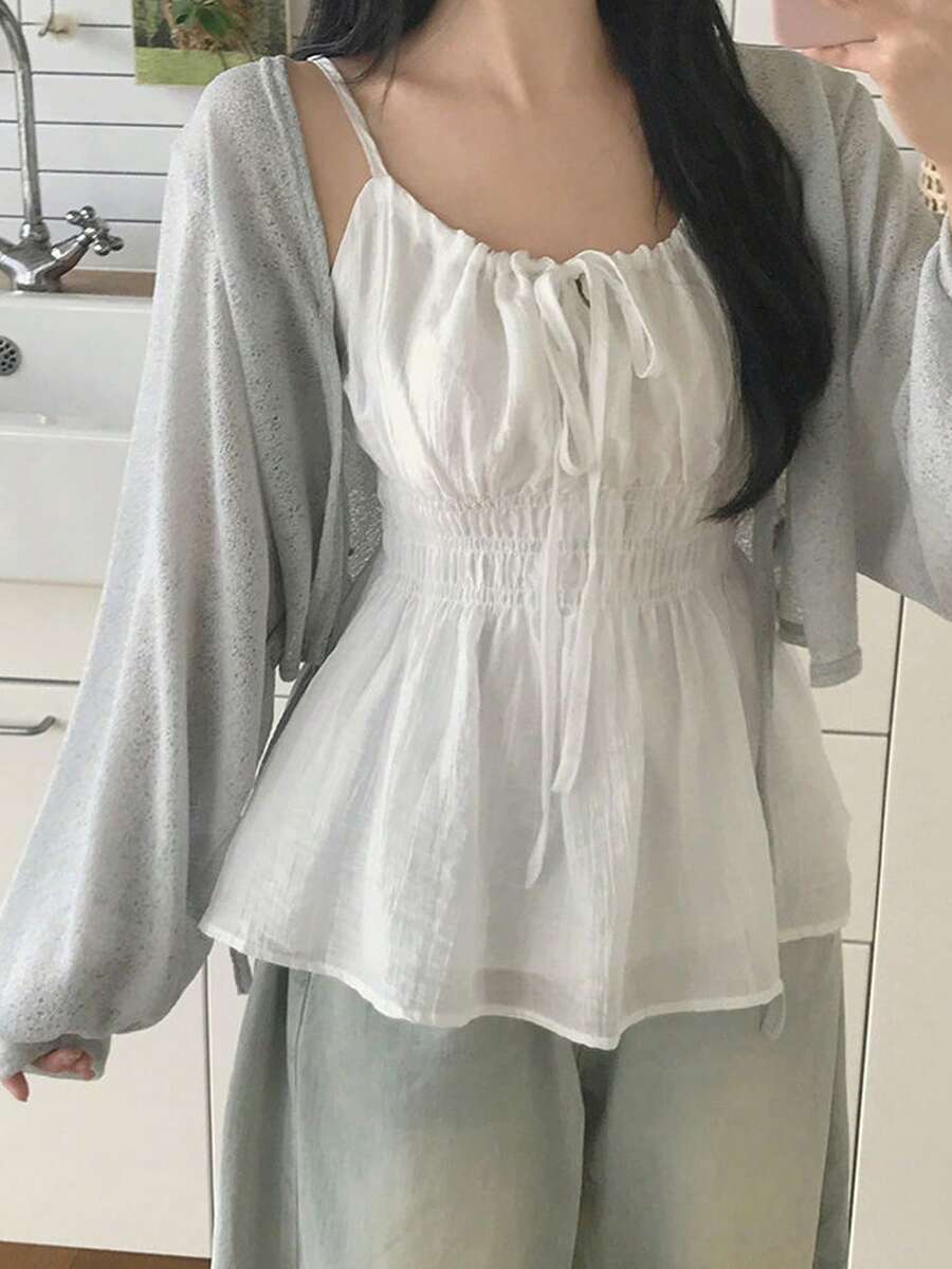 Women's Solid Color Bowknot Front Design Camisole, Fresh Style For Spring/Summer Casual White - White - View 1