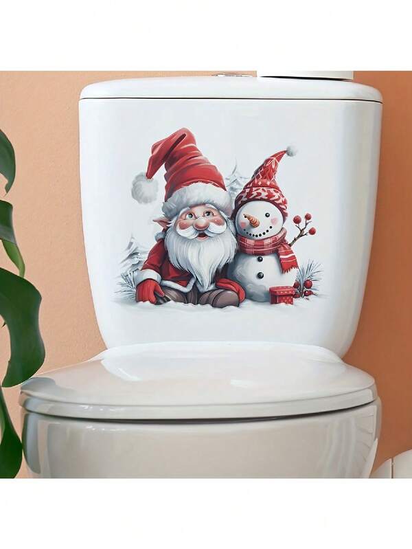Christmas Bathroom Decoration Sticker, 1pc Self-Adhesive Removable PVC Wall Decal, Contemporary Style Santa And Snowman Toilet Tattoo, Holiday Party Atmosphere Decor, Christmas And New Year Non-Electric Accessory Without Feathers